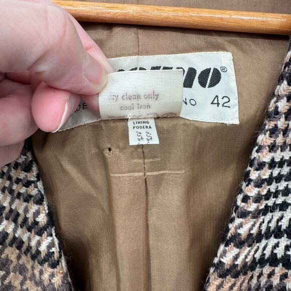 Vintage 80s Erreuno Long Blazer Jacket Womens 42 Brown Plaid Wool Lined Pockets - Picture 7 of 11